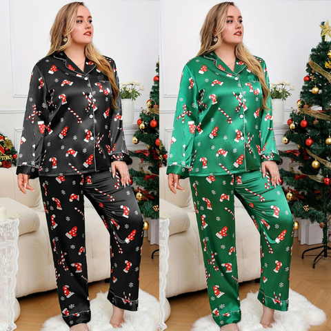 Women's Stockings & Candy Satin Holiday PJ Set-Plus Sizes!