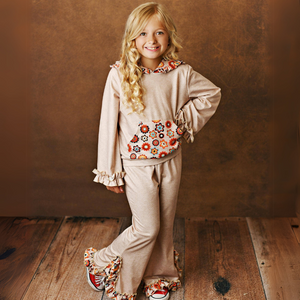 Girls' Tan & Rust Retro Flower Print Hooded Ruffle Pocket Lounge Set