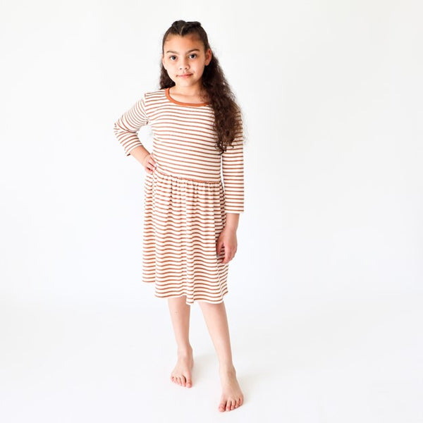Girls Long Sleeve Ava Dress - Terracotta Stripe