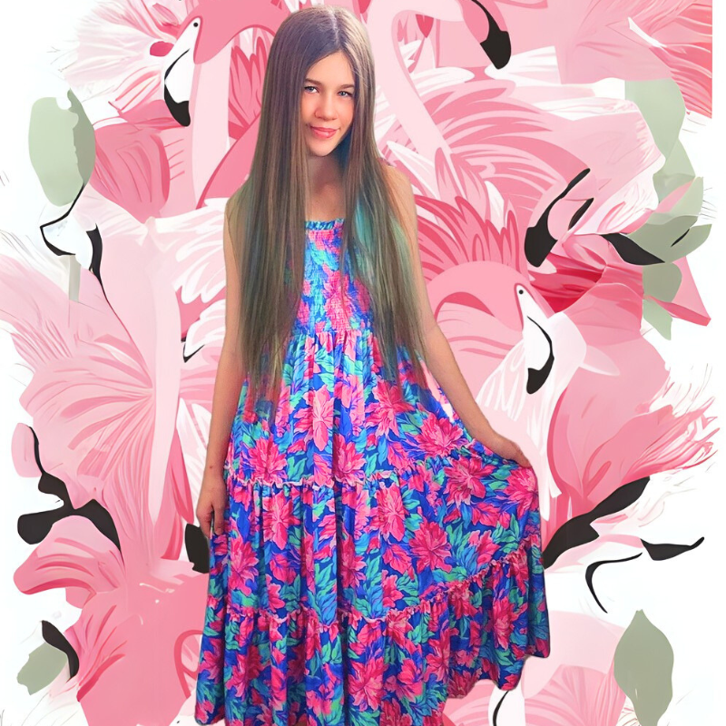 Girls Hot Pink Hawaiian Tropical Tiered Summer Maxi Dress
