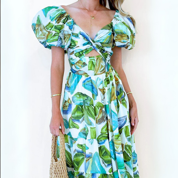Tulip Petals Water Color Print Off-The-Shoulder Cut-Out Dress for Women & Teens