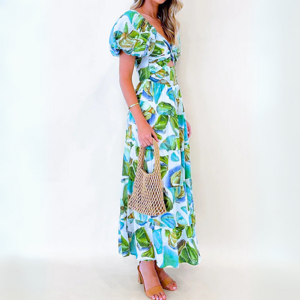 Tulip Petals Water Color Print Off-The-Shoulder Cut-Out Dress for Women & Teens