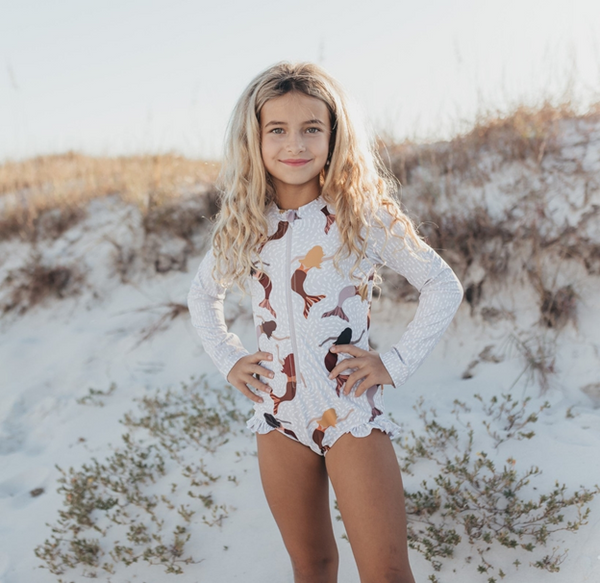 White & Brown Mermaid Zip Rash Guard One Piece Swimsuit