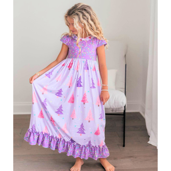 Girls Purple Christmas Tree Holiday Ruffle Lounge Play Gown