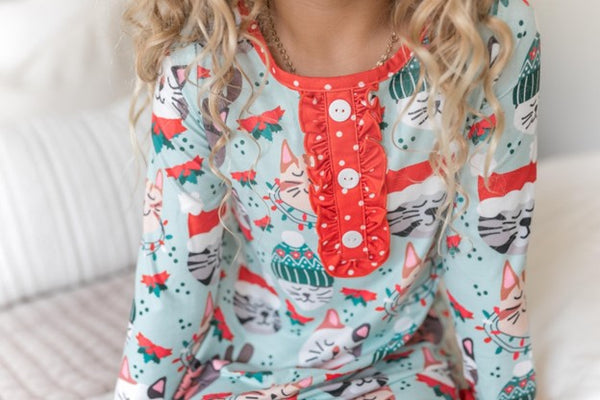 Girls Christmas Holiday Cat Ruffle Button Lounge Gown