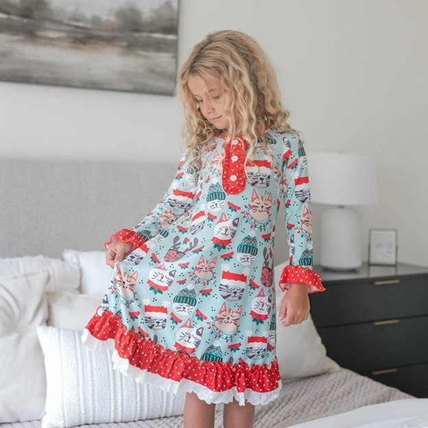 Girls Christmas Holiday Cat Ruffle Button Lounge Gown