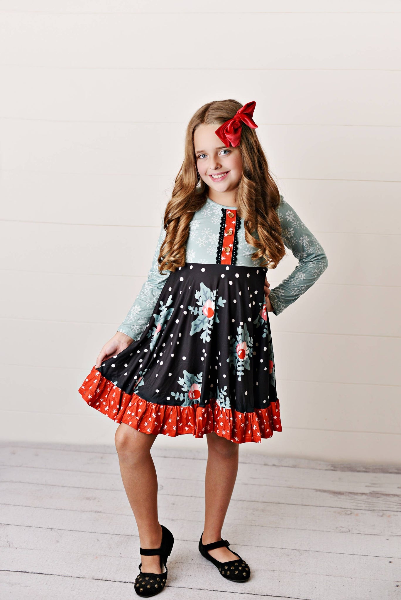 The Bailey Mint & Red Holly Print Ruffle Button Holiday Dress