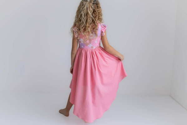 Girls Pink Purple Retro Daisy Hi-Lo Flutter Sleeve Dress