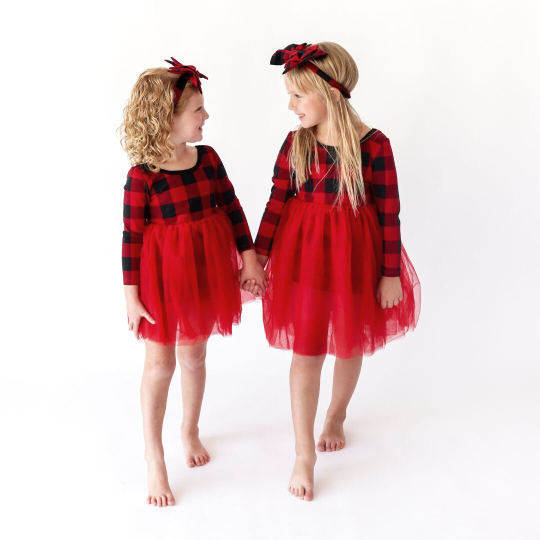 Girls' Long Sleeve Parker Dress in Country Moose Red Plaid
