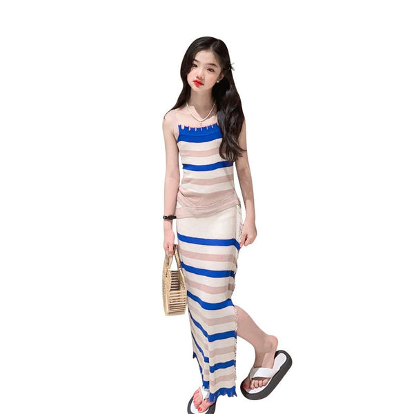 Mommy & Me: Girls' Beige/Blue Bandage Stripe Midi Dress