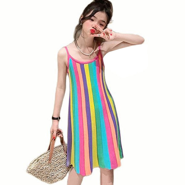 The Rainbow Stripe Knit Bandage Midi Dress for Tween Girls