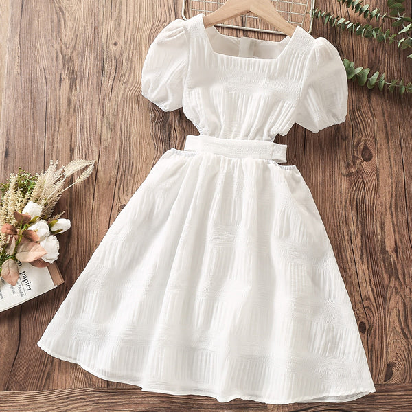 The Avren White Puff-Sleeve Cut-Out Dress for Girls