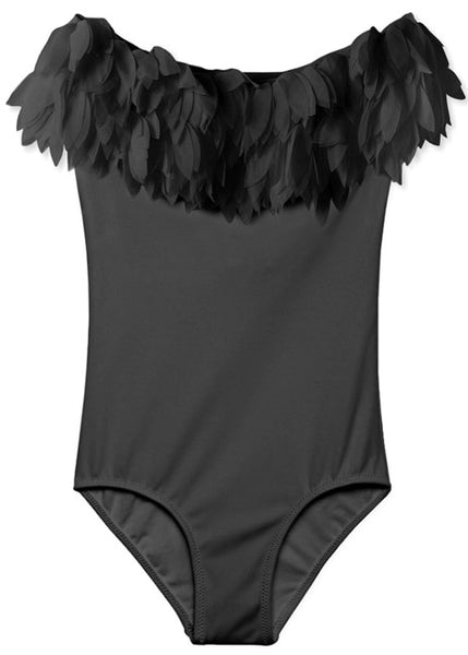 The Claudia Black Draped Bathing Suit With Petals For Girls by STELLA COVE