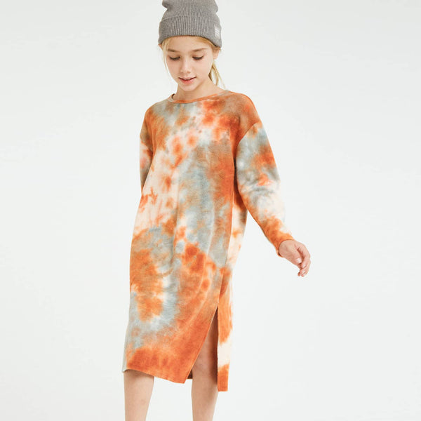 Girls' Tie Dye Print Side Slit Brushed Knit Midi Dress