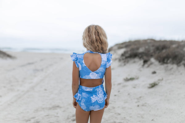 Vintage Blue Floral Open Back One Piece Ruffle Swimsuit